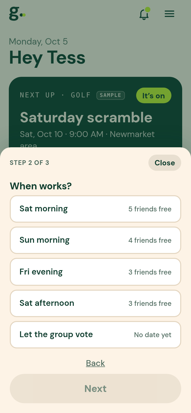 The + sheet, step 2 of 3: When works? Each time shows how many friends are free