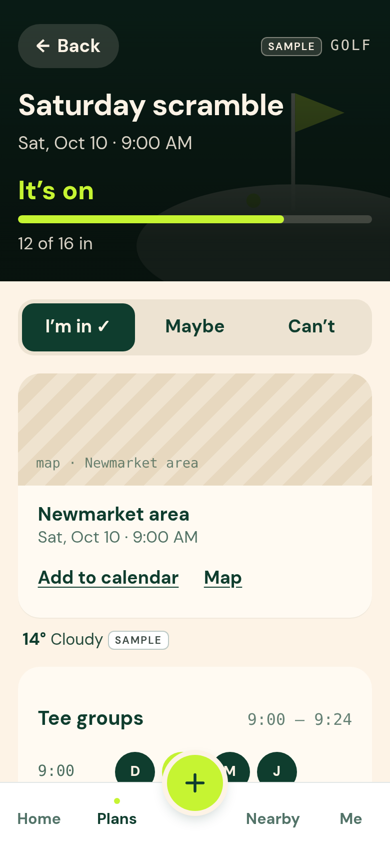 A golf plan page with its flag header picture, the day and time, how many are in, and where