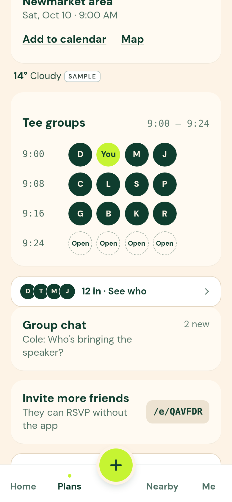 The same plan further down: tee groups of four by start time, the group chat and the invite link