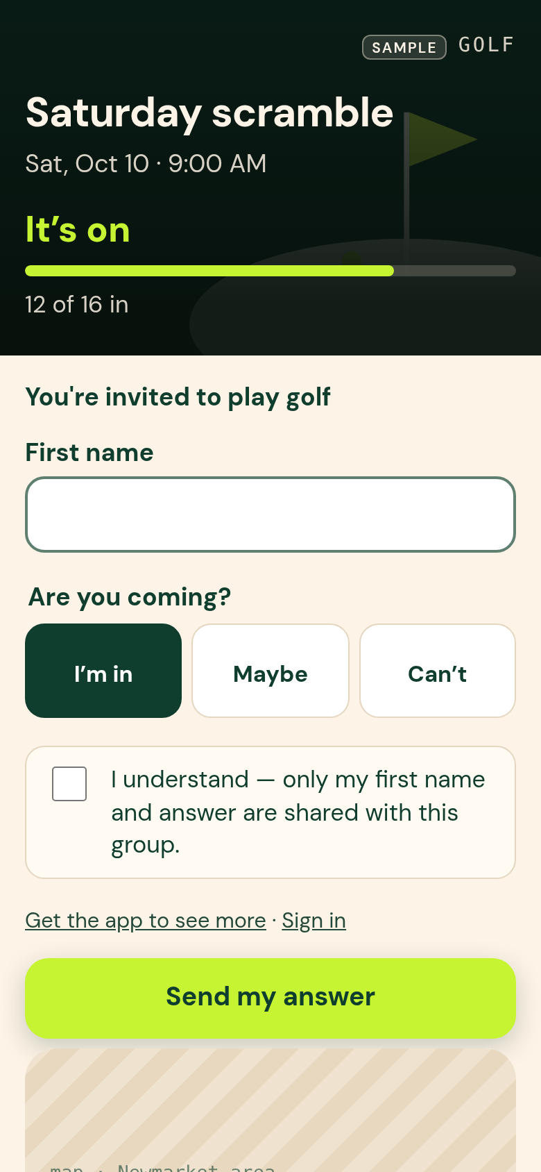 Answering from a link without the app: type a first name, tap I'm in, Maybe or Can't, and send